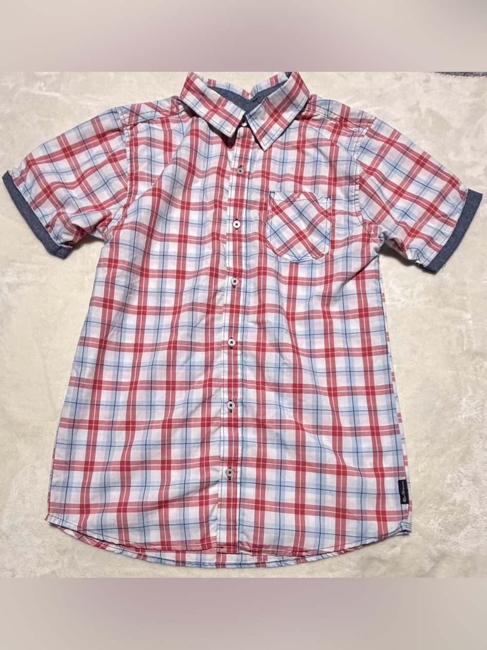 Ben Sherman Red and Light Blue Plaid Short-Sleeve Shirt
